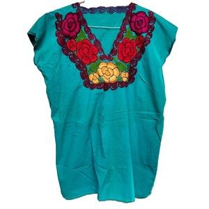 Green Embroidered Mexican Top Size Large Boho Hippie Gypsy Ethnic